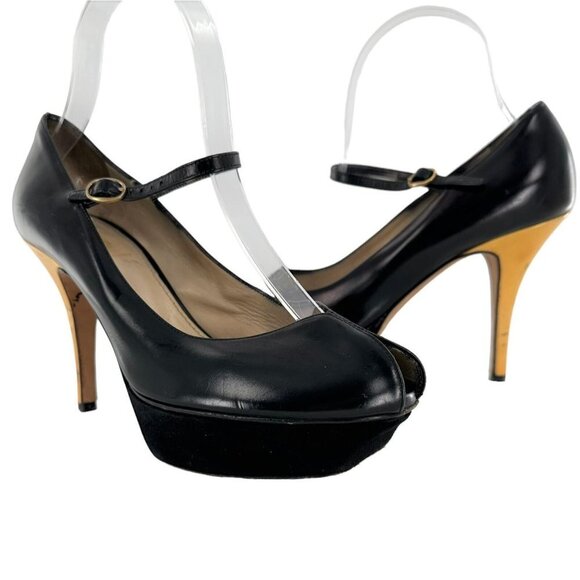 YSL Yves Saint Laurent Tribute Black & Yellow Mary Jane Peep Toe Heels Size 37.5 - Picture 1 of 8